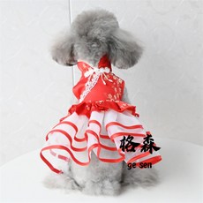 【格森】宮廷新年唐裝裙子小狗狗衣服，泰迪比熊寵物貓咪過年喜慶旗袍裙子, 紅梅紅邊紗裙,L, 1個