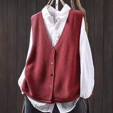 ROYALBELLE 여성 컬러 버튼 브이넥 루즈핏 빅사이즈 캐주얼 무소매 니트 베스트 V0121806