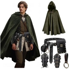 SUMGOGO 중세 벨벳 후드 망토 망토 후드 르네상스 코스튬 벨트 파우치 지갑 바이킹 팔찌 후크 축제 할로윈 세트 (2파우치-그린 블랙)