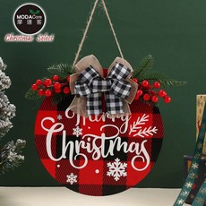 摩達客耶誕木質紅黑格紋紅果聖誕快樂吊飾(單面) - 經典格紋、節慶裝飾、木質工藝, 1個