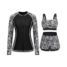 여성용 래쉬가드 3장 - 반바지 긴소매 수영복 SPF 집업 수영 셔츠 내장 브라 포함 블랙 플로럴. XXL 154668