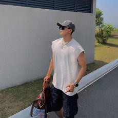 夏季肌肉健身運動袖口坎肩美式無袖速乾T恤運動健身坎袖跑步寬鬆