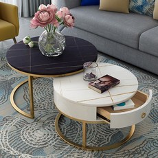 現代簡約圓形巖闆茶幾，小戶型客廳創意石材玻璃組閤茶桌，多功能圓形茶几, 70黑金+50白金-白抽屜金腳, 1個