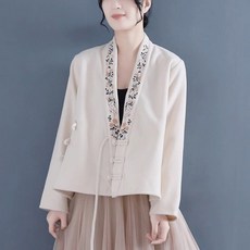 ORZQU 여성 도톰 자수 탑 브이넥 긴팔 카디건 생활한복 캐주얼 루즈핏 개량한복 상의