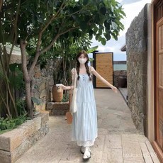 Yellwell여성 스트라이프 롱 원피스 여름 민소매 쉬폰 레이스 드레스LST