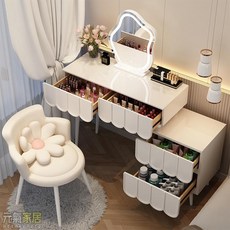 法式奶油風梳妝臺收納柜一體輕奢現代簡約可伸縮巖板化妝桌臥室, 1個, 灰色120CM桌+邊柜+云朵鏡+,花朵組合柜款（長虹玻璃門）