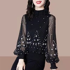 jencool 春天女款半高領蕾絲透視泡泡袖雪紡衫 Z54