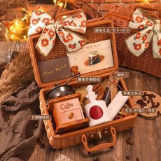 手磨手搖手壓咖啡機禮盒套裝，家用便攜式咖啡豆研磨機，臺灣出貨, 【藤編咖啡機禮盒】款式十, 1個