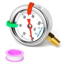 MEANLIN MEASURE 0100Psi 압력계 글리세린 충전 1/8 NPT 1.5 페이스 다이얼 스테인리스 액체 WOG 워터 오일 에어 로어 마운트(2PCS 스냅 포함), 0-100Psi_Lower Mount