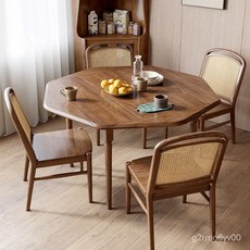 北歐風全實木可變形餐桌椅組閤，白蠟木八角圓桌兩用，簡約設計，多功能餐桌飯桌, 八仙飯桌+木織餐椅*4,折疊900mm 展開1280mm