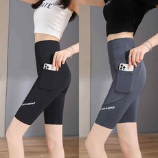 5부 샤크 레깅스 여성 바이커 쇼츠 여름 얇은 운동용 요가바지, 5포켓 블랙+그레이, XL 62.5-75kg