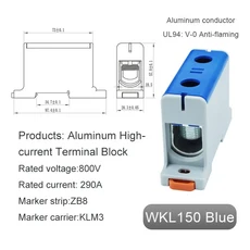 알루미늄 배전 블록 케이블 커넥터 Din 레일 터미널 박스 WKL 50/95/150/240 mm² WKL50/WKL95/WKL150/W, 15 WKL150 blue