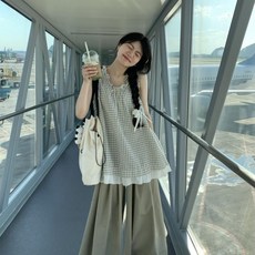 해피유통 여성 체크 민소매 블라우스 프릴넥 루즈핏 데일리 상의