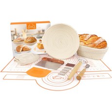 우덕 사워도우 스타터 키트 - 9.6인치 타원형 배네톤 바구니 x2 실리콘 빵 슬링 베이킹 매트 휘스크 커터 스크레이퍼 레임이 포함된 프로핑 세트 이상적인 용품, Oval + Round Set