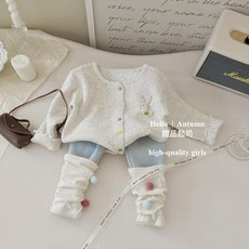 歐寶唄 兒童套裝 秋季新款韓國童裝女百搭立體兔子開衫針織外套球球打底褲套裝