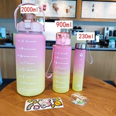 大容量漸變吸管運動水壺 2000ml/900ml/230ml 多尺寸可選, 1個, 粉色2000+900+230Ml
