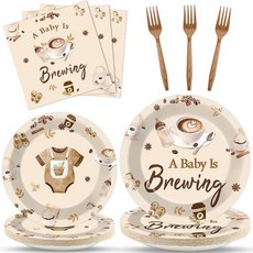 96피스 커피 베이비 샤워 파티 접시 냅킨 식기 세트 아기 양조 용품 꽃이 만발한 일회용 테마 장식 선물 임신 파티 24명의 손님용, Coffee Baby Shower