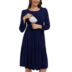 Smallshow 여성용 임산부 수유 드레스 긴소매 러플 모유 수유복 네이비 M 186025, M