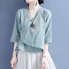 swygsqql 여름 면 마 자수 생활한복 셔츠 5부 소매 여성 린넨 셔츠 가디건 상의