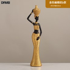 DFMEI 創意復古編織紋非洲藝術女士客廳家居裝飾玄關酒櫃擺件樹脂工藝品, 金色B款