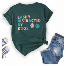 귀여운 강아지 발 강아지에게 쉽게 주의가 산만해지는 여성용 티셔츠 (미국 알파 XX-라지 일반 일반 빨간색), 초록색