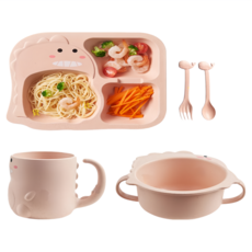 恐龍造型兒童餐具六件組 (含分格餐盤), 粉, 1套, 分格餐盤湯碗杯子叉子勺子