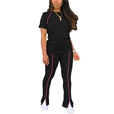 STOLKISS 여성용 투피스 의상 여름 운동 스웨트수트 스트라이프 반소매 롱 플레어 팬츠 캐주얼 휴가 트랙수트 692 블랙 라지, 662 블랙