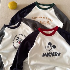 兒童長袖T2025瞇瞇眼鞦鼕新品男女童撞色卡通打底衫寶寶拚接德絨T