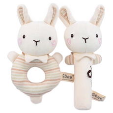 papa母嬰 有機棉寶寶手搖鈴 可愛動物造型 嬰幼兒安撫玩具 圓手搖鈴 BB棒 寶寶安全毛絨 互動玩具 嬰兒手抓棒, 兔子組合