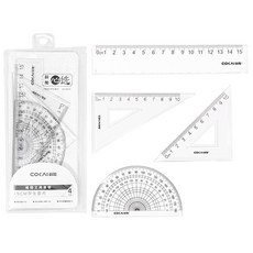 量角器四件套 圓規 直尺 三角尺 量角器 數學繪圖 文具用品 學生尺 三角尺 辦公用品套尺 三角板, 1套, 透明