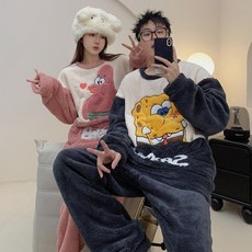 珊瑚絨海綿寶寶情侶睡衣 秋冬加絨加厚男女家居服 派大星兩件套裝