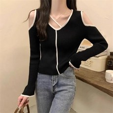 Vezri 여성 봄 가을 섹시 어깨 트임 브이넥 슬림핏 니트 스웨터 긴팔 캐주얼 스타일