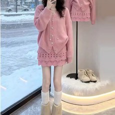 여성 봄 스커트 세트 프렌치 브이넥 니트 가디건 + 스커트 투피스 데일리 여자 투피스 세트 YXF