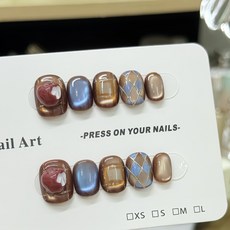 DFMEI 【歲歲平安果】純手工穿戴甲秋冬款氣質顯白百搭格紋貓眼指甲貼片, 1個, 1g, 短橢圓:S