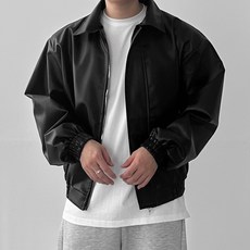 다이나믹피플 남성용 오버핏 레더 크롭 라이더 가죽 블루종 자켓