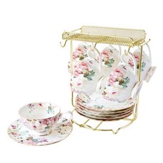 【JUST HOME】骨瓷咖啡杯盤組 六入附金架, 1個, 花漾薔薇