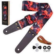 Nefelibata 기타 스트랩 베이스 일렉트릭 및 어쿠스틱 기타용 헤드 소가죽 엔드가 있는 자수 면 기타 스트랩 무료 스트랩 버튼 스트랩 잠금 장치 1쌍 및 기타 피크, 해골