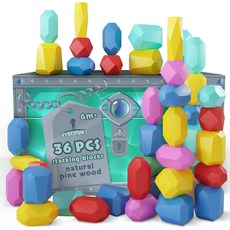 에버스마트 몬테소리 나무 스태킹 블록 36개 세트 유아 감각 발달 STEM 교육용 쌓기 놀이 교구, 36 XL Rocks -