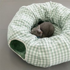 Miao&Nu 貓咪躲貓貓隧道窩 摺疊牛津布貓隧道床 淺綠格紋貓窩, 1個, 淺綠色