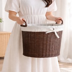 수제 라탄 패브릭 세탁 빨래 바구니 원형 빨래통, 루마라탄 타원핸들 바구니 (중)