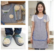 VIC 왕꽃 수공앞치마+수공실내화 세트 선물용 어린이집 공방 어머니 할머니, 1개, 블루세트