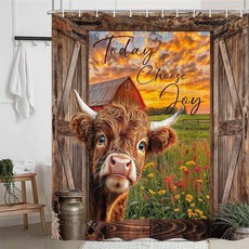 Jipusai Farmhouse Highland 소 샤워 커튼 소박한 농장 동물 헛간 문 나무 캐빈 욕실 커튼 세트 빈티지 컨트리 스타일 방수 패브릭 목욕 후크 포함 17