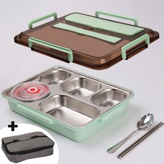 [SUS-304 스텐 식판 도시락통 세트] 밀폐 도시락 런치박스 스테인레스 5칸 다이어트 아이 소풍 용기, 1세트, 5칸도시락+국그릇+수저세트+보냉가방, 민트 그린