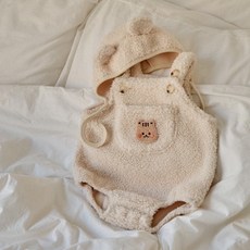 DTD Fluffy可愛咩咩系列 萌耳帽 背帶爬服2件組, 米色松鼠,90 cm, 詳見包裝