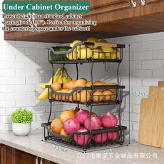 해피유통 주방 과일 채소 철제 3단 수납 선반 바나나 걸이 포함 다용도 수납 랙, 블랙