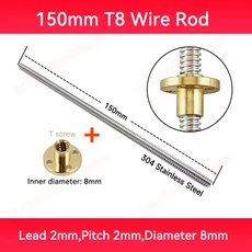 T8 리드 스크류 황동 너트 포함 외경 8mm 피치 길이 100-500mm 레프랩 3D 프린터 부품, 03 150mm L2mm P2mm, 02 1 Set