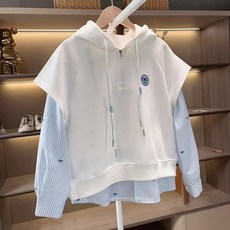 賣場優選新款可愛童裝女童長袖女童衛衣秋裝2025新款兒童假兩件條紋上衣女孩洋氣連帽春秋款衣服