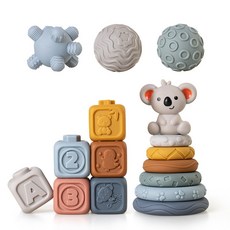 臺灣出貨 嬰幼兒手抓球玩具 軟膠方塊積木疊疊圈 捏捏手感球 堆疊玩具, 考拉方塊疊疊樂形狀球套裝(16PCS)盒, 1個