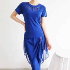 까르죠아 사다리 망사 반팔 댄스 블라우스 스포츠 라인 라틴 모던 댄스복 상의 여성 자이브 살사 여성댄스 시스루 반소매 여름 컬러댄스복 마담댄스 연습복, XL, 블루