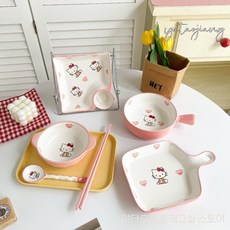 고양이 캐릭터 가정용 도자기 식기 세트, 그릇 +접시+손잡이 그릇+만두 접시+수저
